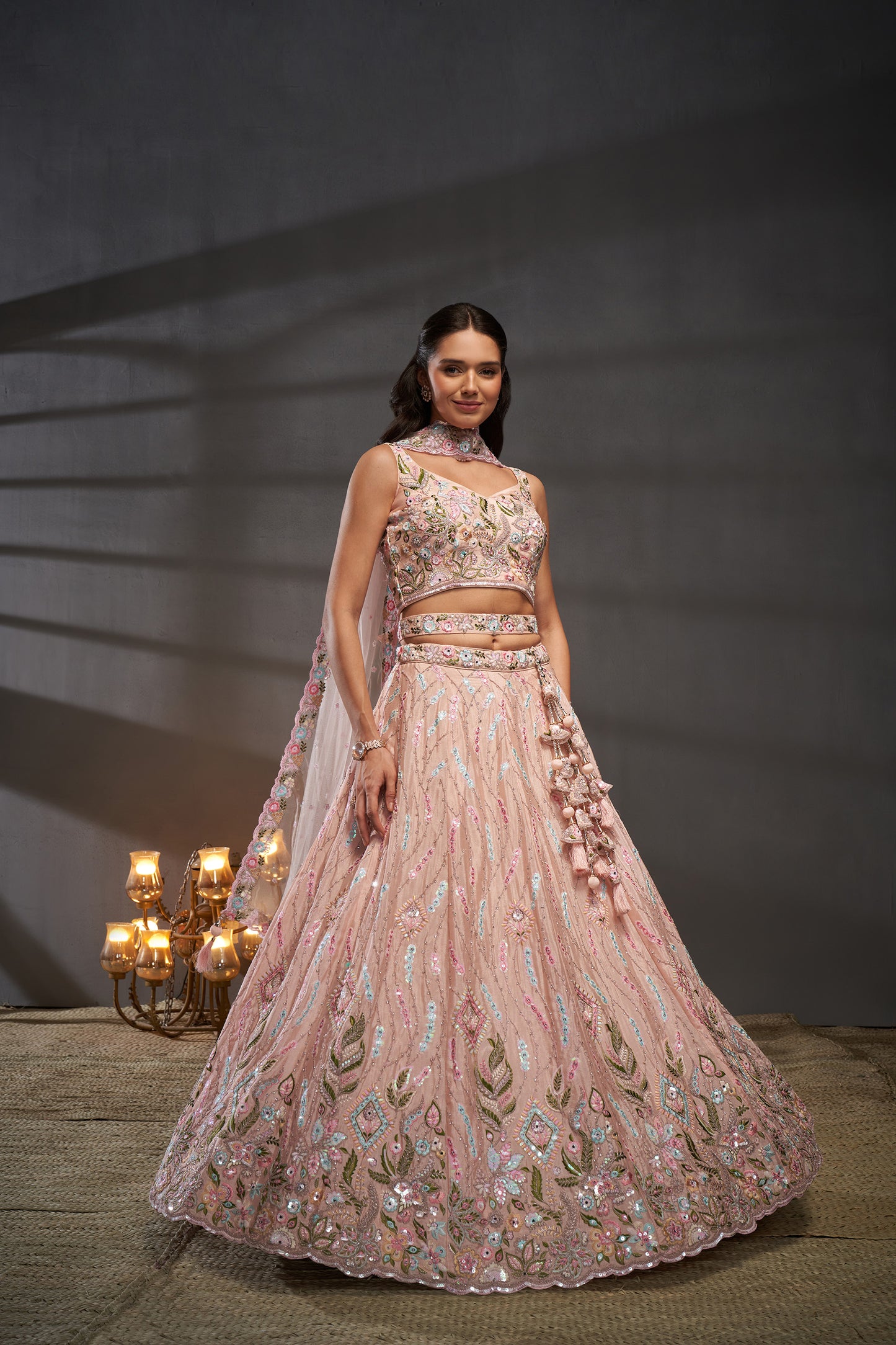 Peach Pure Chiffon Mirror Zarkan & heavy Sequin embroidery Bridal Lehenga choli