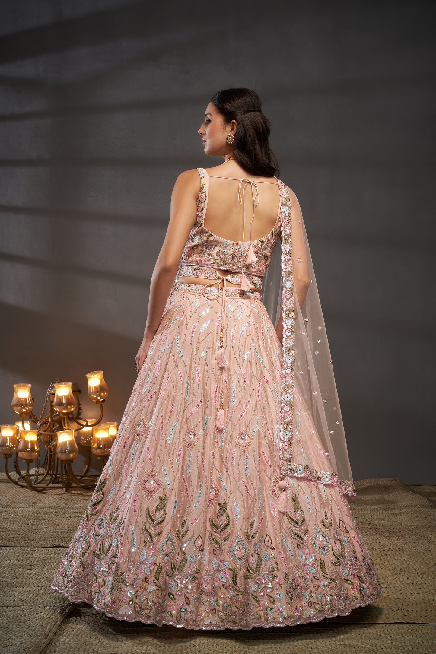 Peach Pure Chiffon Mirror Zarkan & heavy Sequin embroidery Bridal Lehenga choli