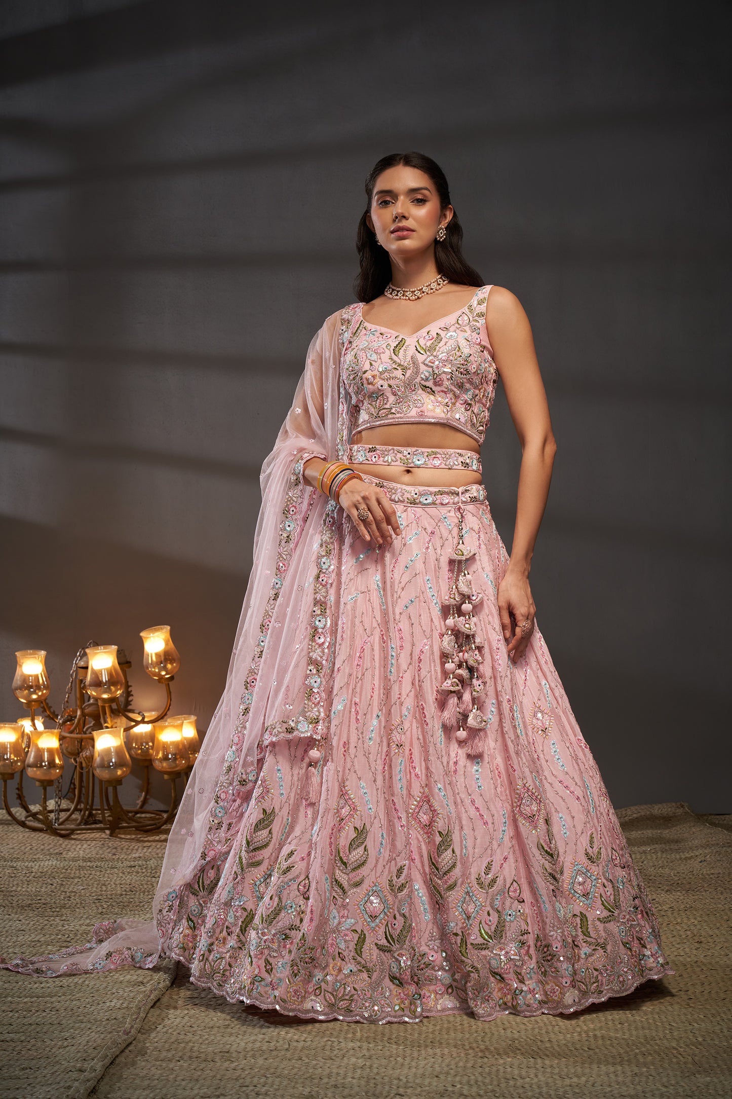 Pink Pure Chiffon Mirror Zarkan & heavy Sequin embroidery Bridal Lehenga choli