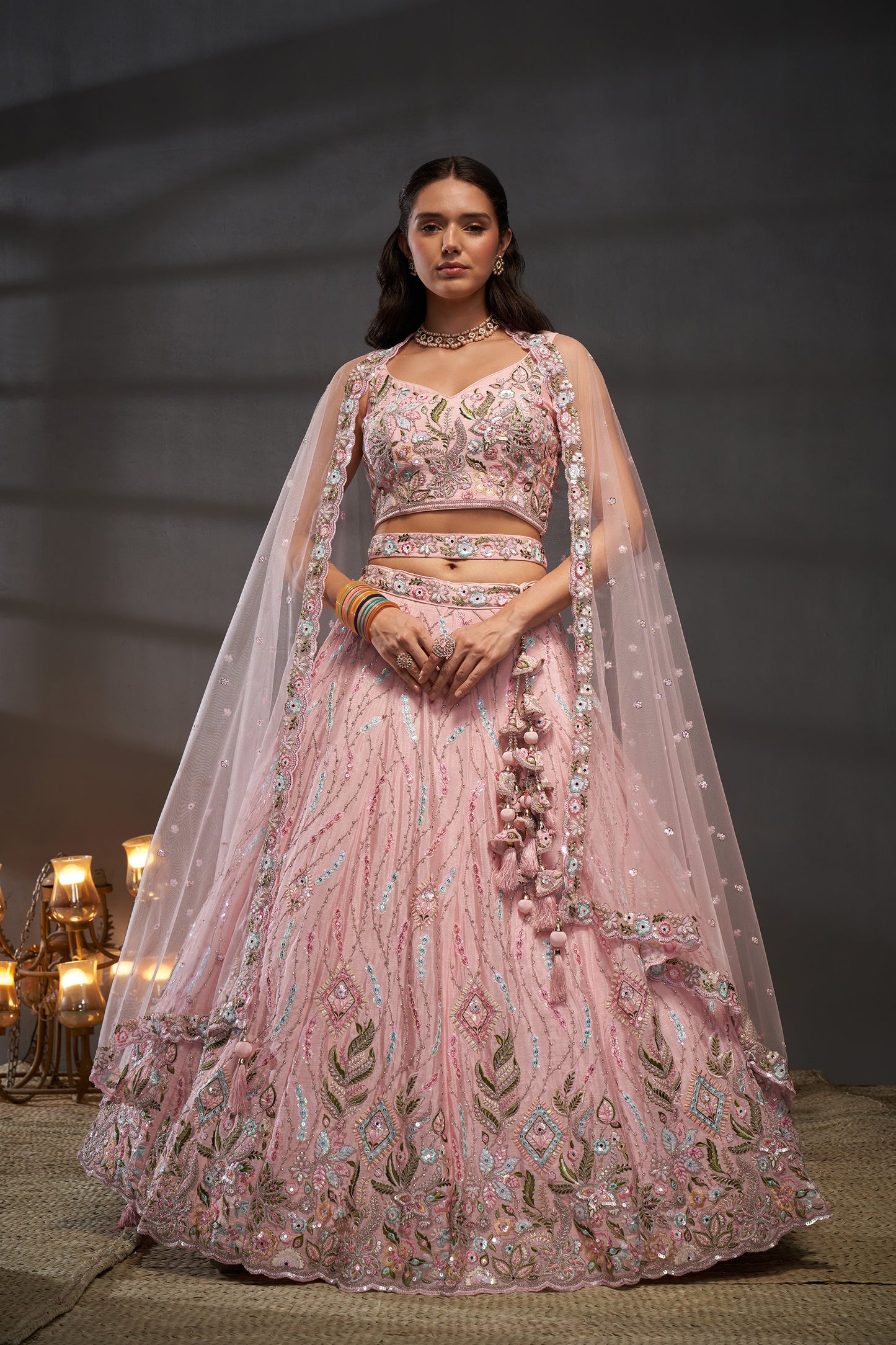 Pink Pure Chiffon Mirror Zarkan & heavy Sequin embroidery Bridal Lehenga choli