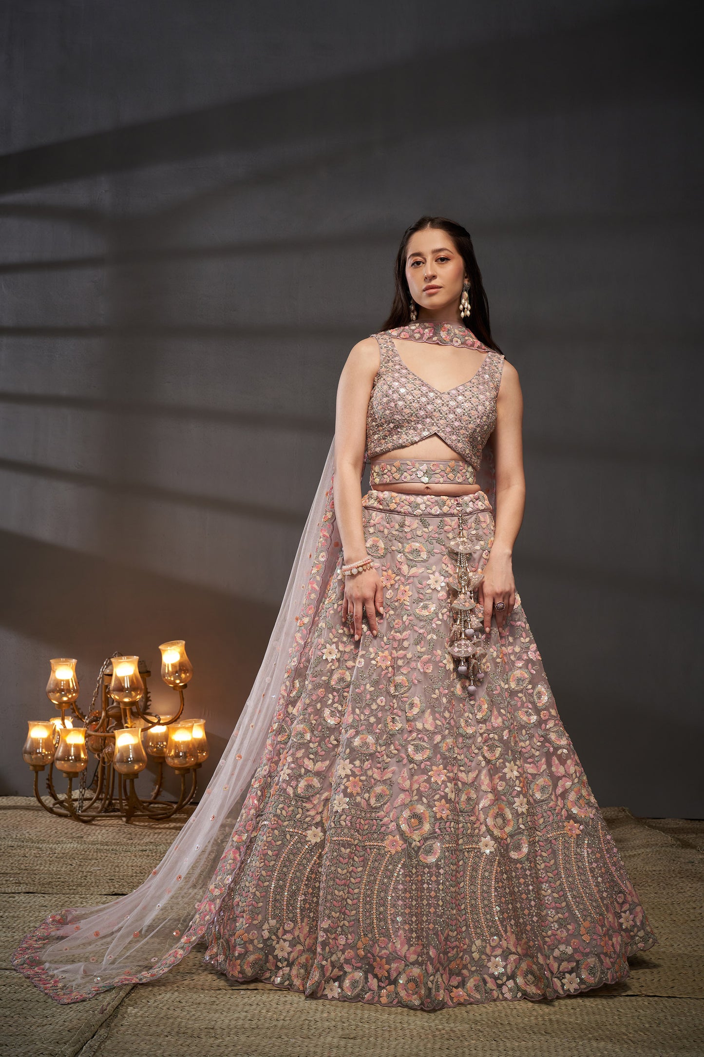 Mauve Net Multi Sequins & Zarkan embroidery Lehenga choli