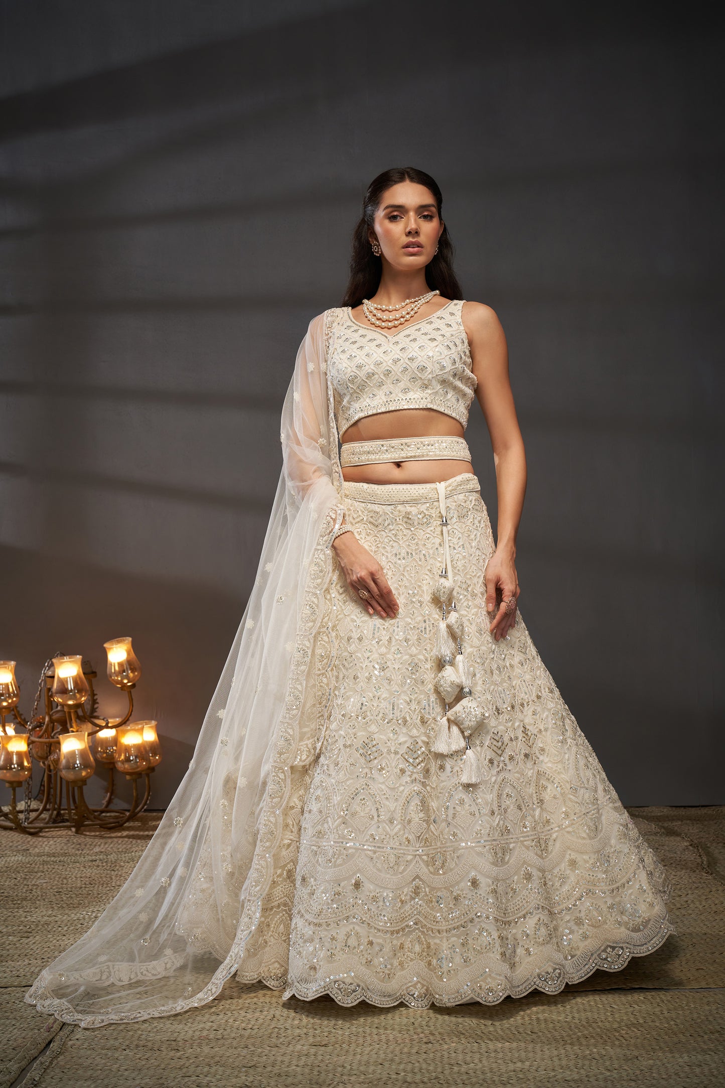 Cream Net Cutdana, Sequins and Zarkan embroidery Lehenga