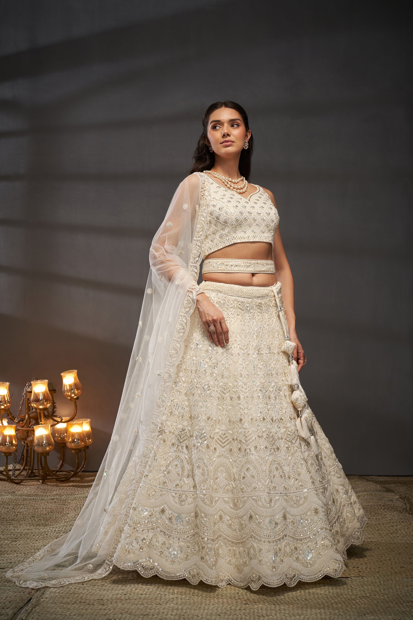 Cream Net Cutdana, Sequins and Zarkan embroidery Lehenga