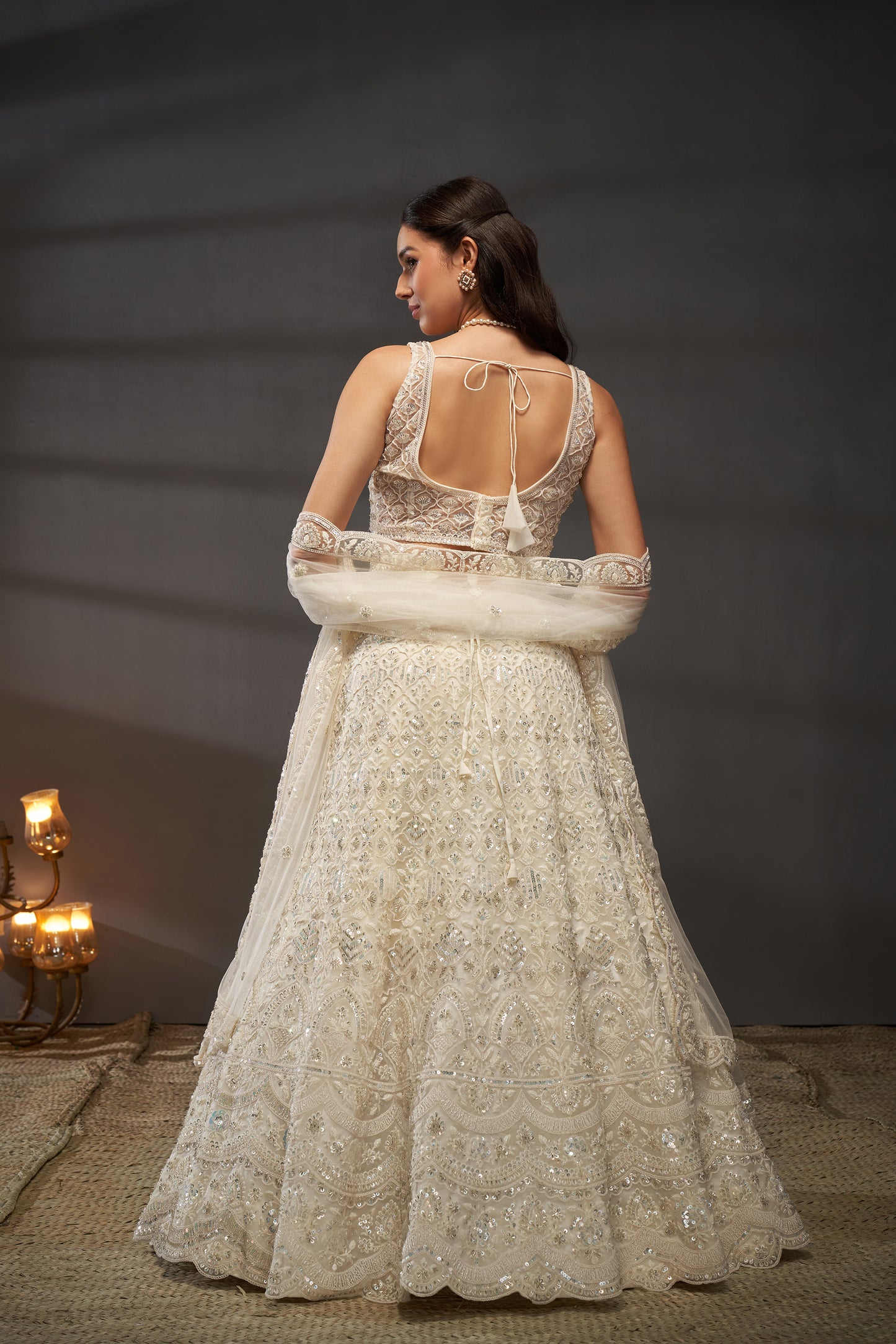 Cream Net Cutdana, Sequins and Zarkan embroidery Lehenga