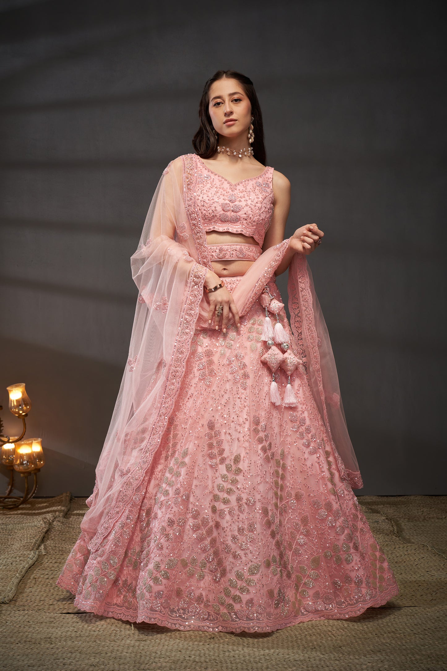 Pink Net Cutdana, Sequins and Zarkan embroidery Lehenga