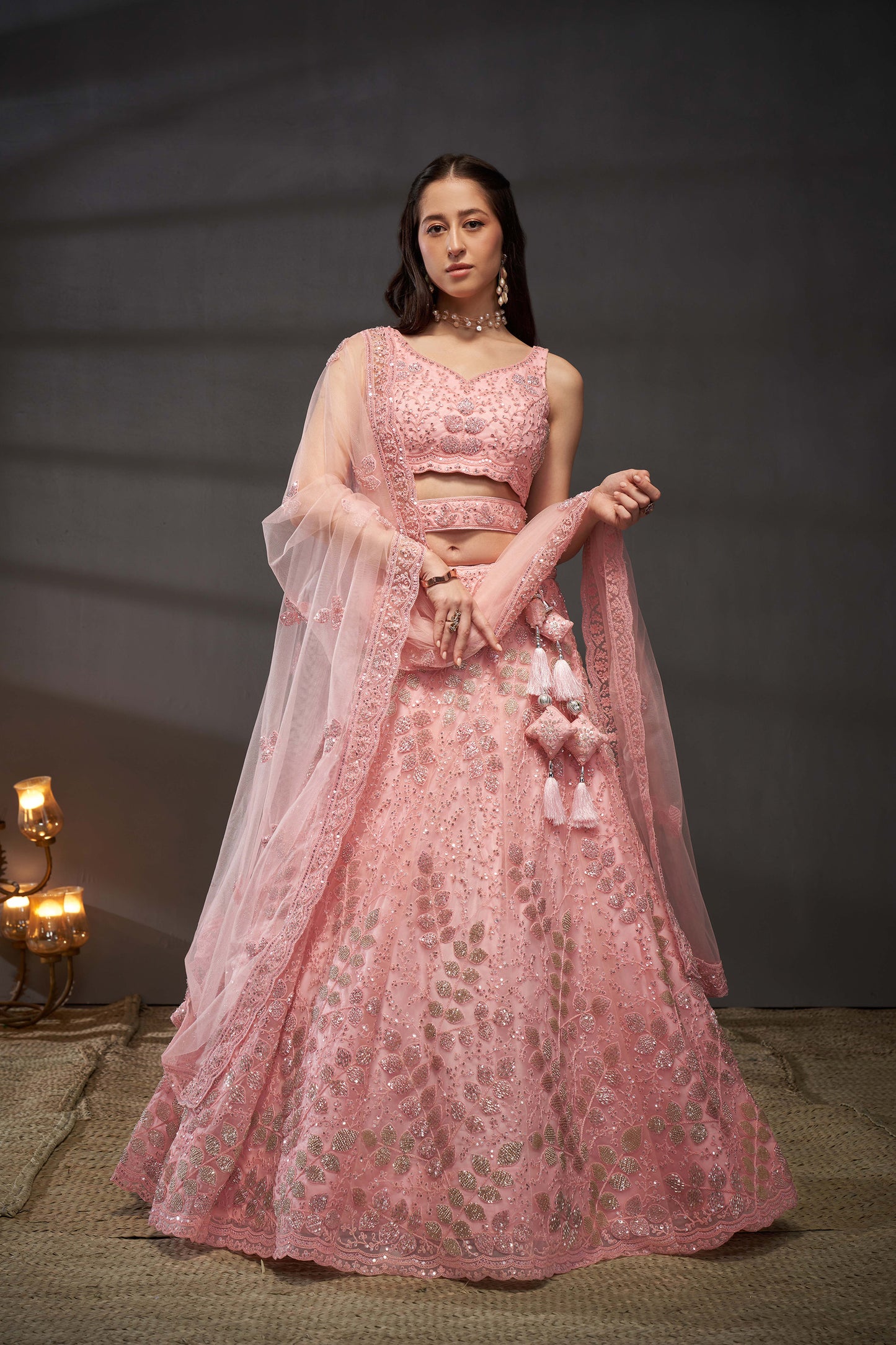 Pink Net Cutdana, Sequins and Zarkan embroidery Lehenga