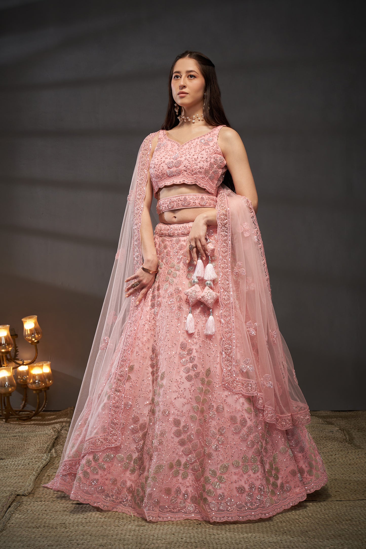 Pink Net Cutdana, Sequins and Zarkan embroidery Lehenga