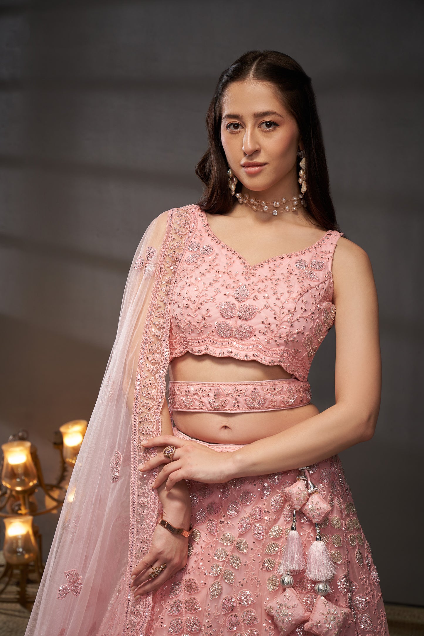 Pink Net Cutdana, Sequins and Zarkan embroidery Lehenga