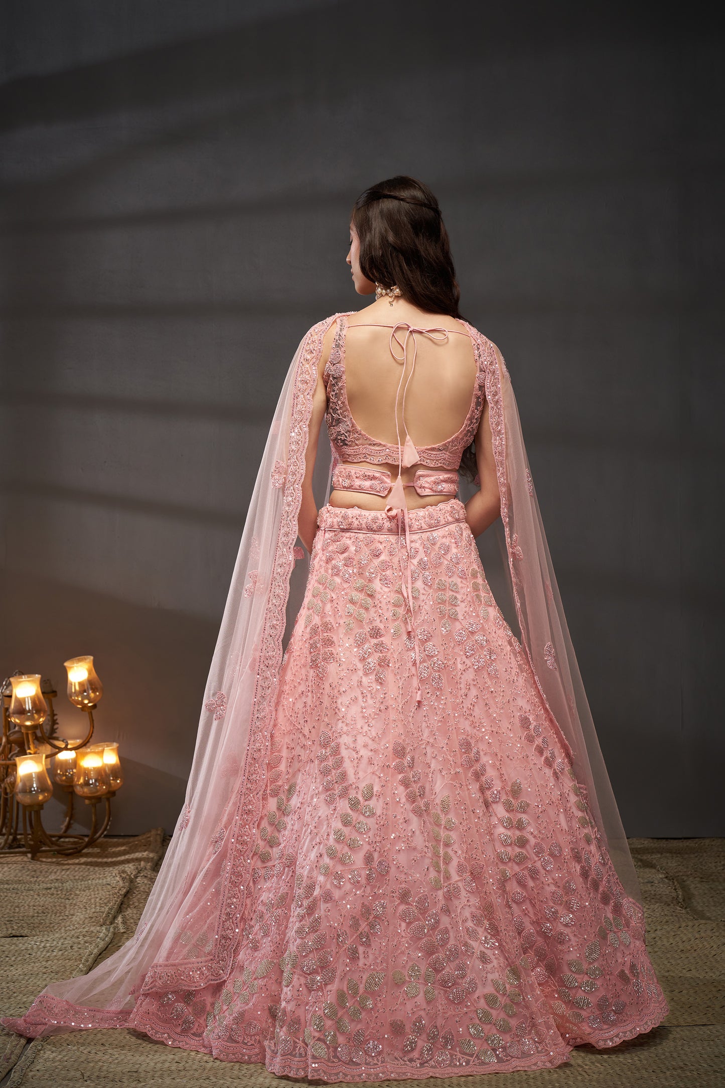 Pink Net Cutdana, Sequins and Zarkan embroidery Lehenga