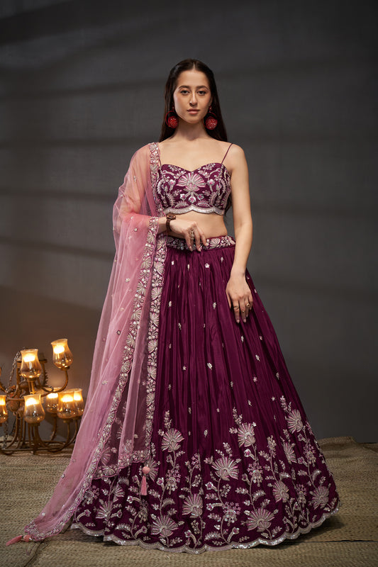 Burgundy Pure Chiffon Sequins embroidery Lehenga choli