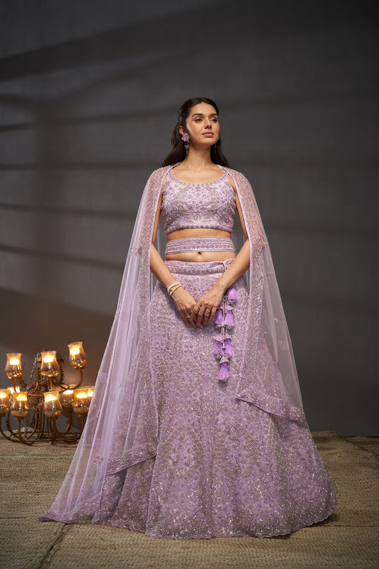 Lavender Net Cutdana, Sequins and Zarkan embroidery Lehenga