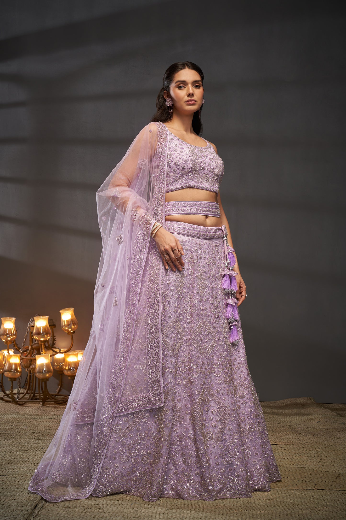 Lavender Net Cutdana, Sequins and Zarkan embroidery Lehenga