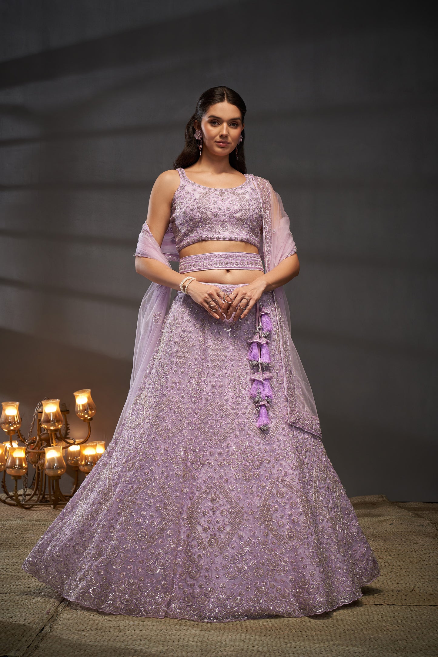 Lavender Net Cutdana, Sequins and Zarkan embroidery Lehenga