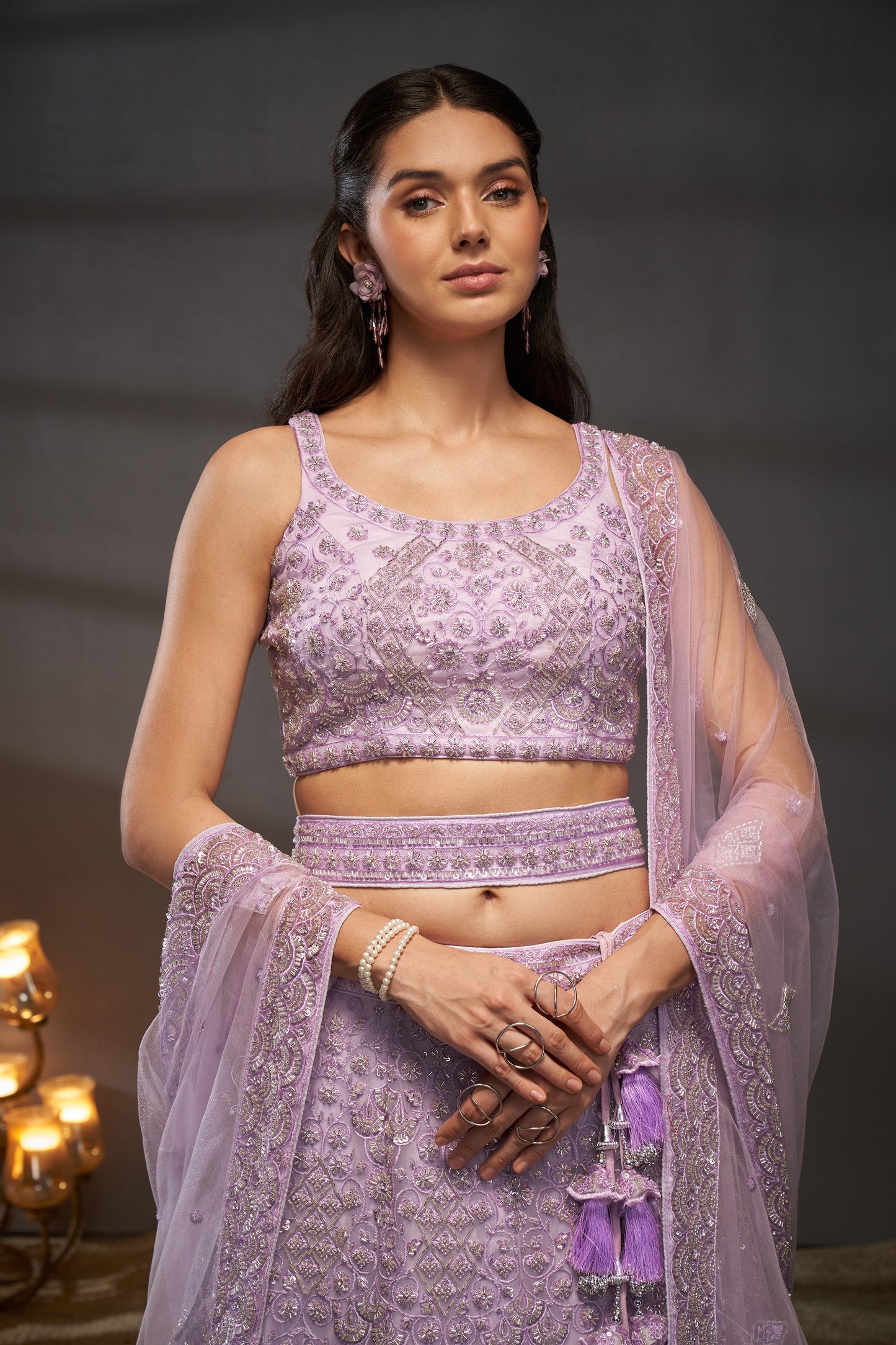 Lavender Net Cutdana, Sequins and Zarkan embroidery Lehenga