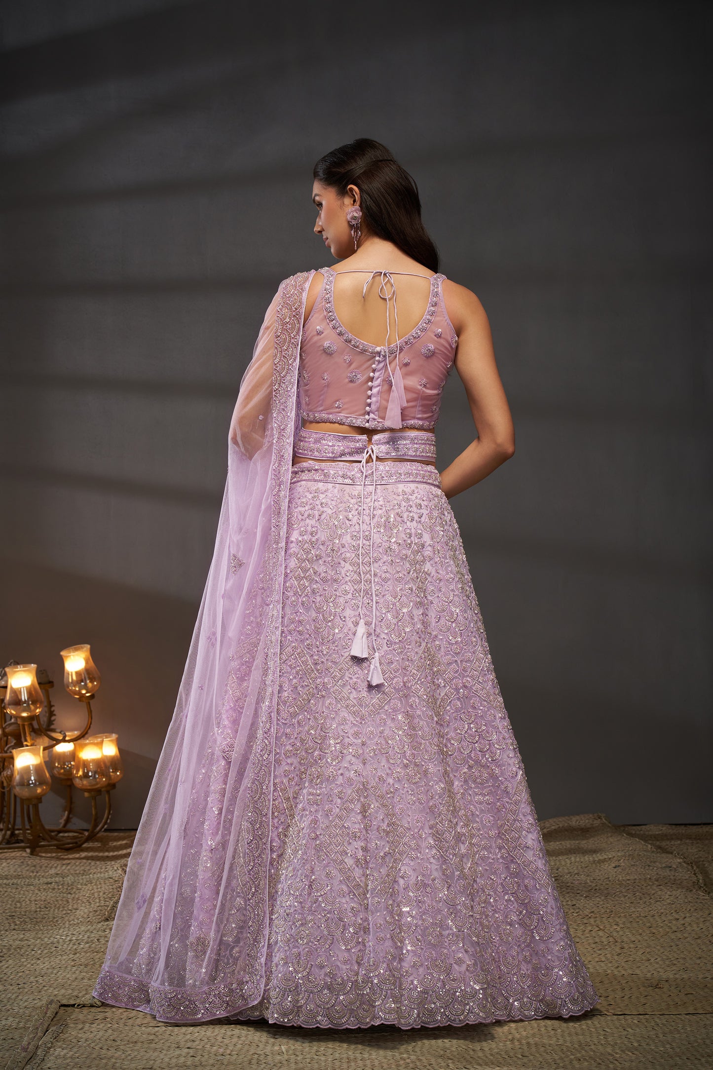 Lavender Net Cutdana, Sequins and Zarkan embroidery Lehenga