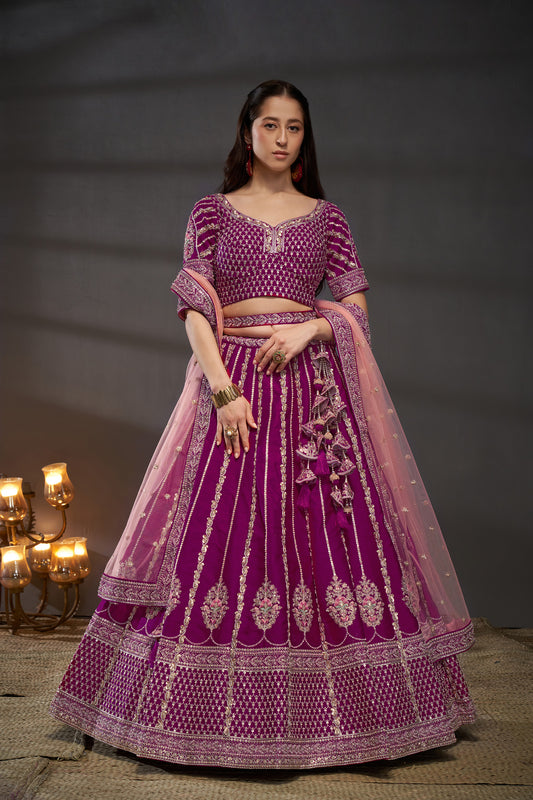 Burgundy Pure Silk Moti, Zarkan & heavy Work embroidery Bridal Lehenga choli