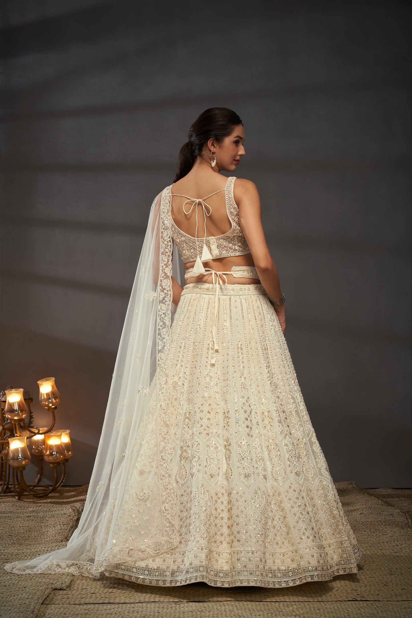 Cream Net Cutdana, Sequins and Zarkan embroidery Lehenga