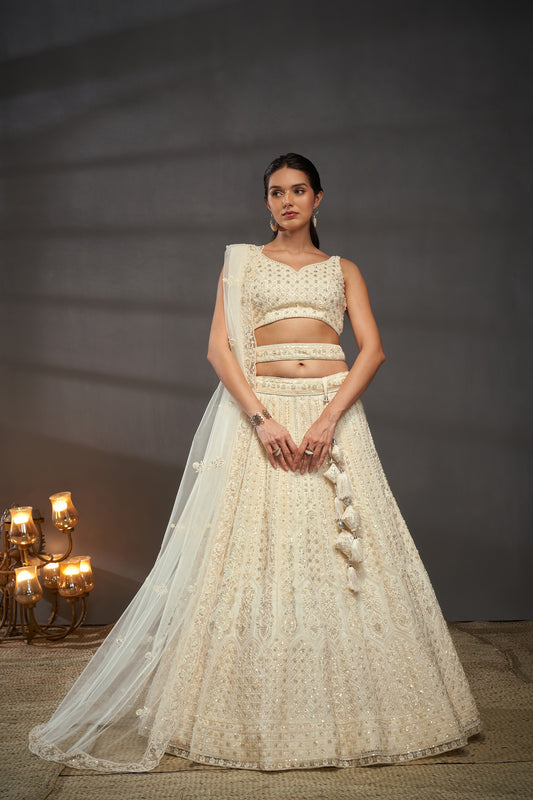 Cream Net Cutdana, Sequins and Zarkan embroidery Lehenga