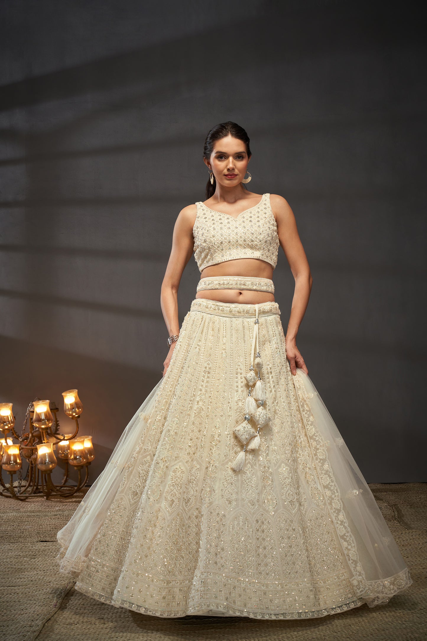 Cream Net Cutdana, Sequins and Zarkan embroidery Lehenga