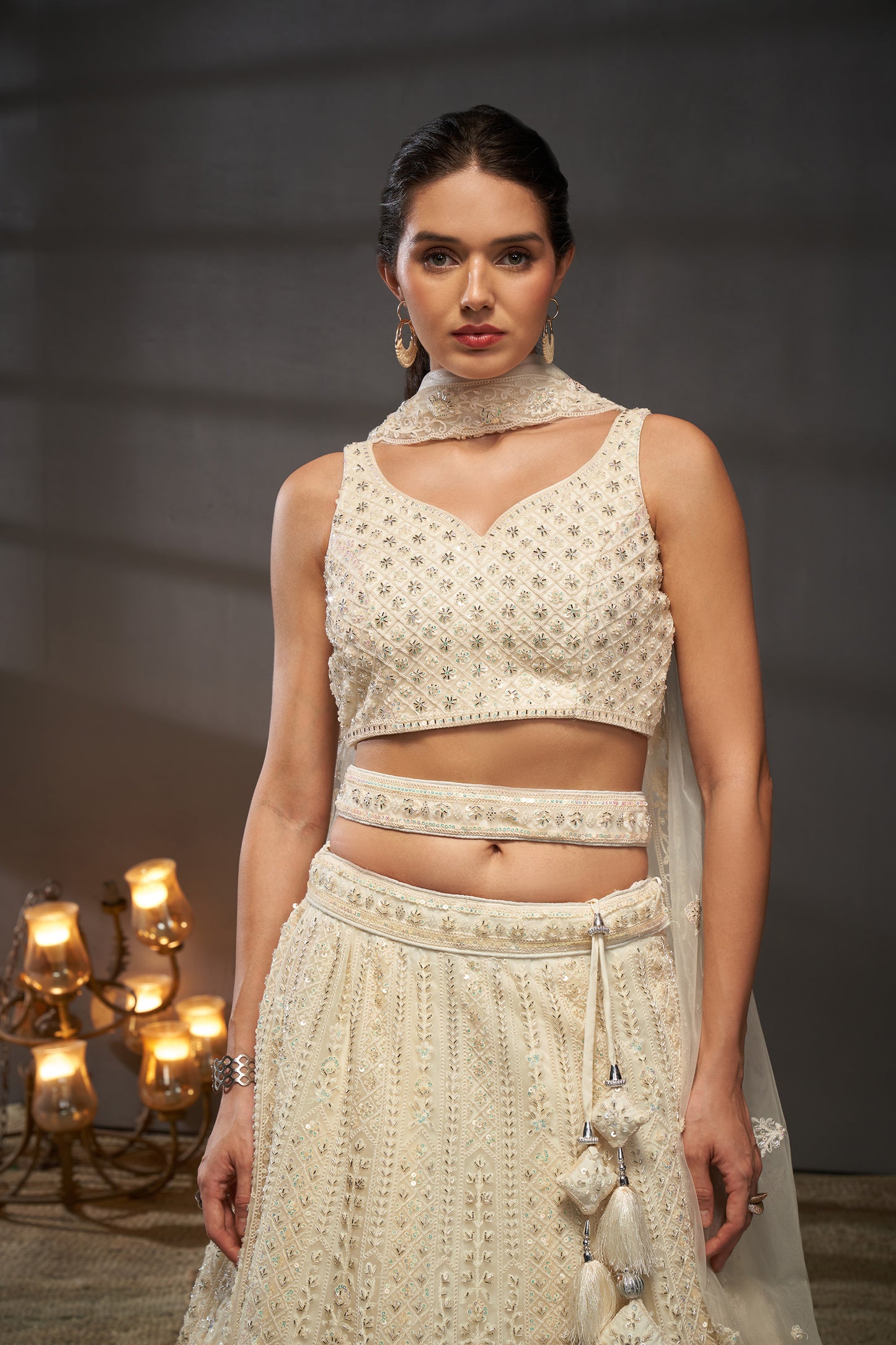 Cream Net Cutdana, Sequins and Zarkan embroidery Lehenga