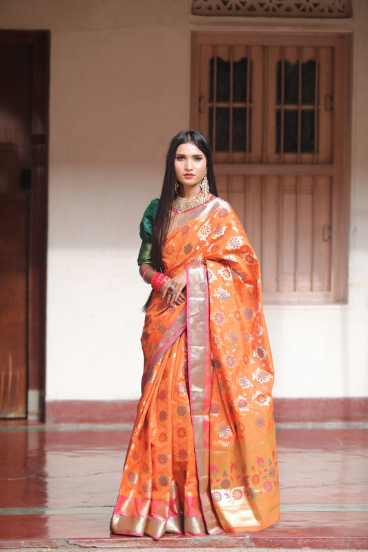 Orange Banarasi silk hand woven saree