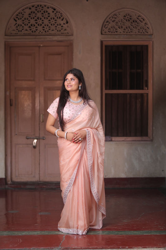 Crepe mirror work Peach saree