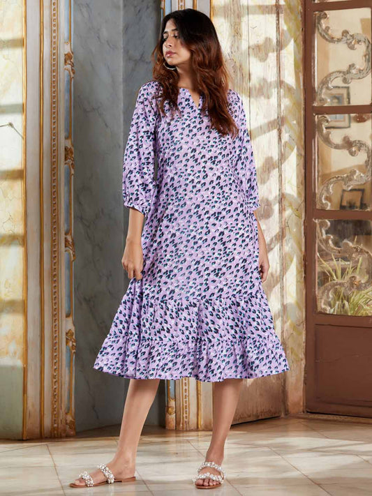 Purple Print Cotton Blend Flared Midi Dress