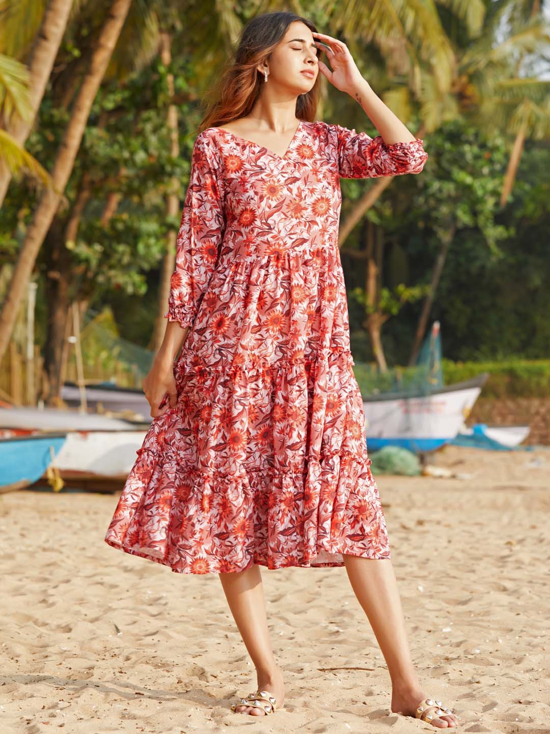 Orange Floral Print Cotton Blend Flared Midi Dress