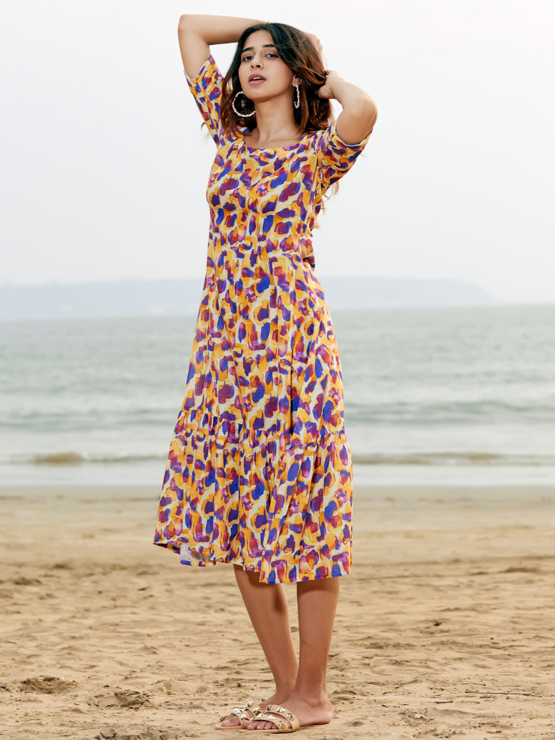 Multicolor Print Cotton Blend Flared Midi Dress