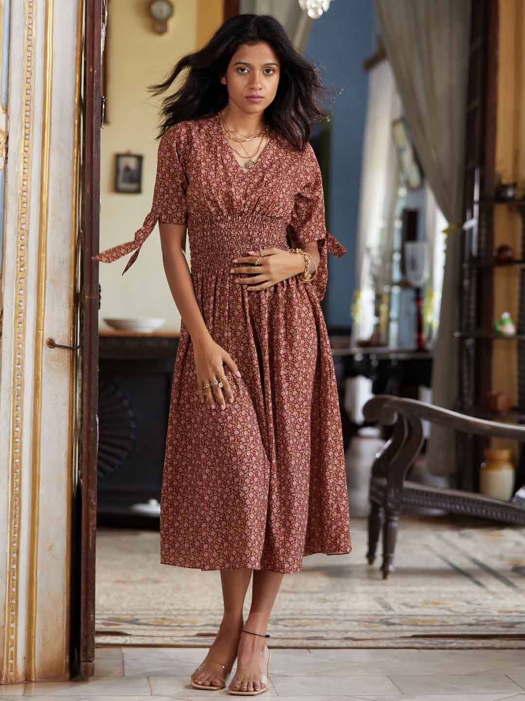 Brown Print Bubble Georgette Flared Midi Dress