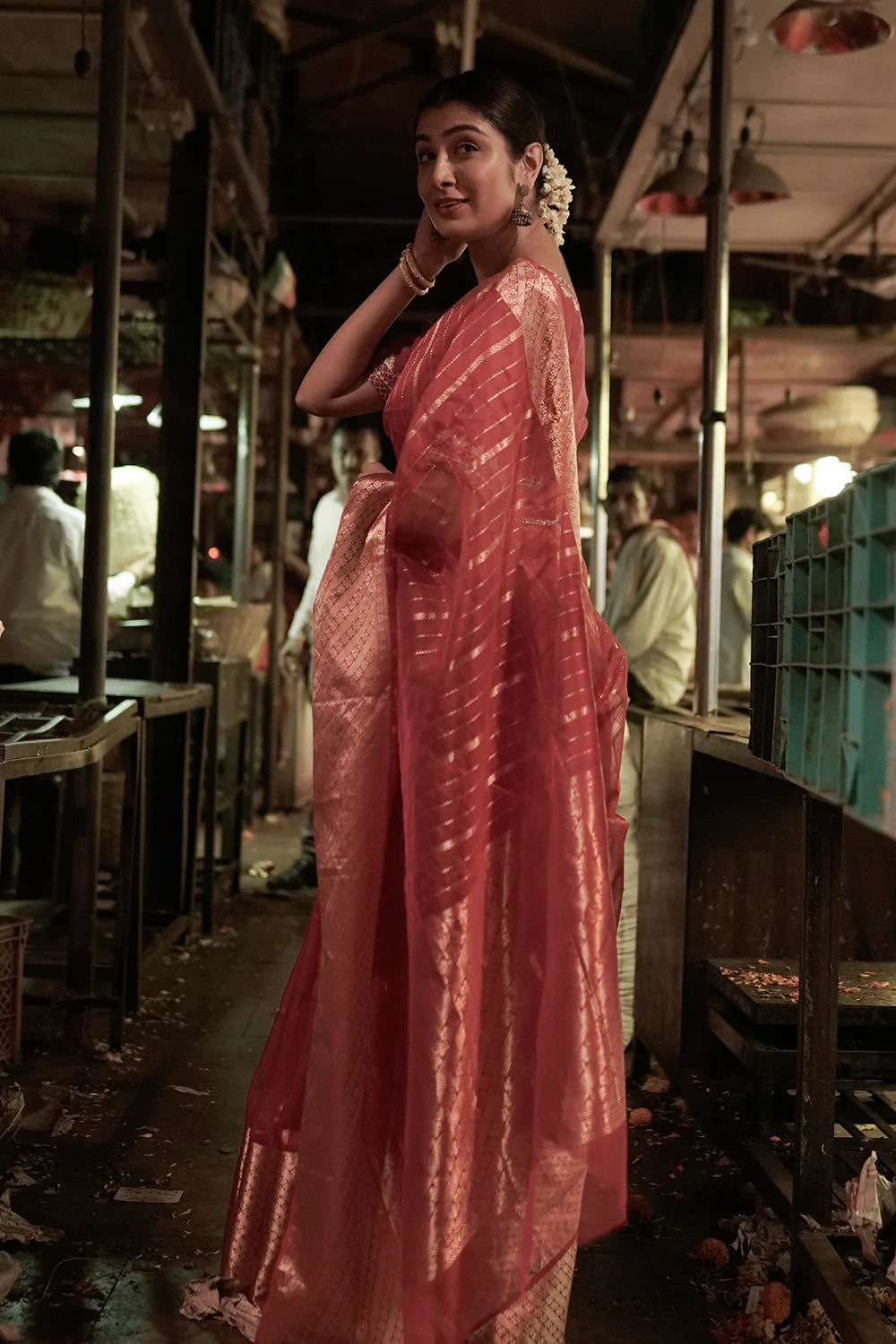 Hot Pink Handloom Chanderi Pure Katan Silk Saree With Broad Gold Zari Border