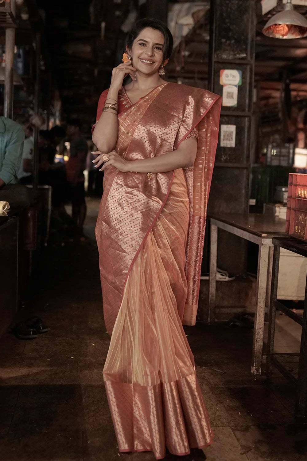 Orange Handloom Chanderi Pure Katan Silk Saree With Broad Gold Zari Border