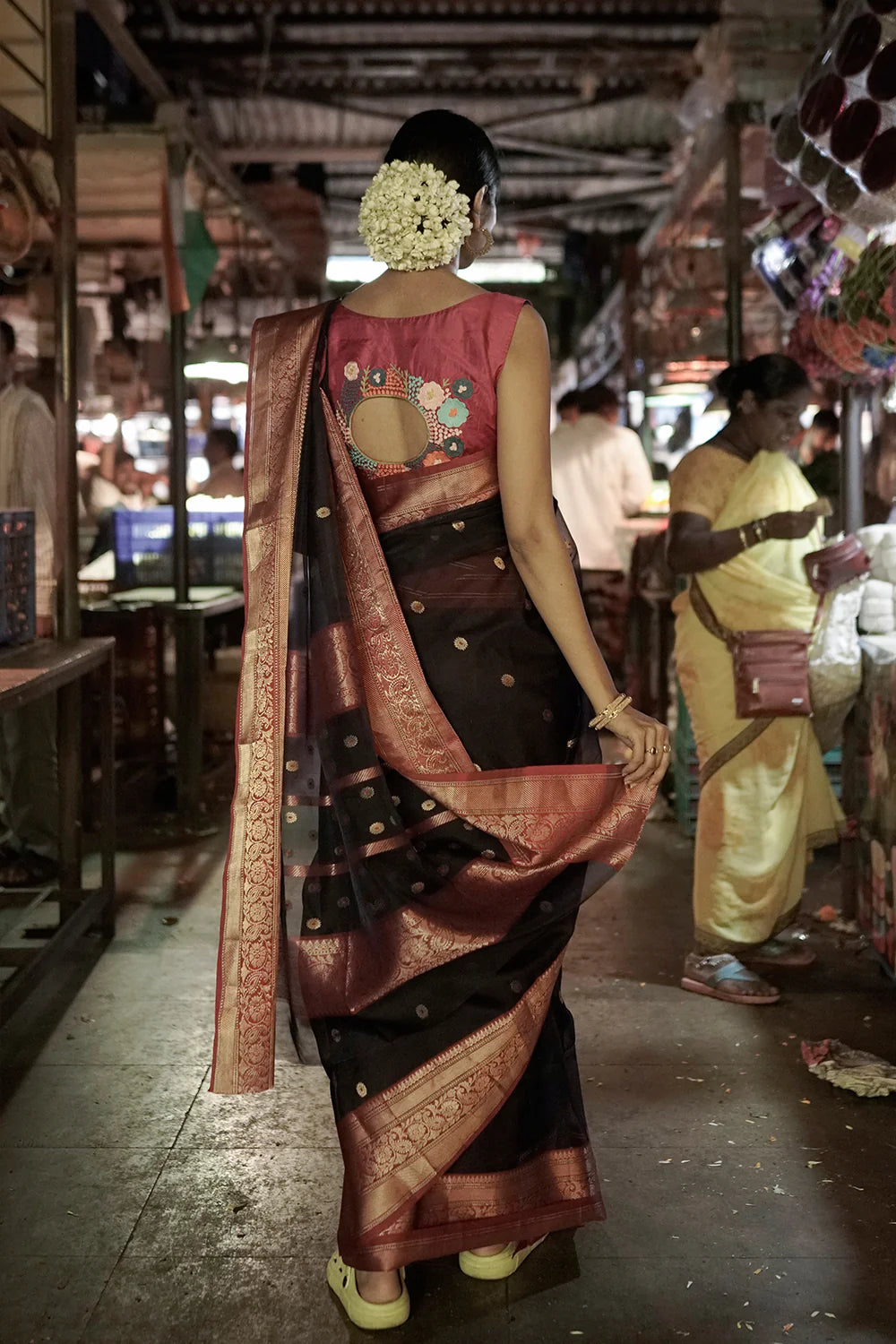 Navy Blue Handloom Chanderi Pure Katan Silk Saree With Hot Pink Border