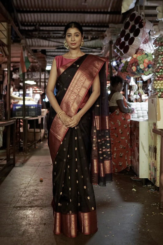 Navy Blue Handloom Chanderi Pure Katan Silk Saree With Hot Pink Border