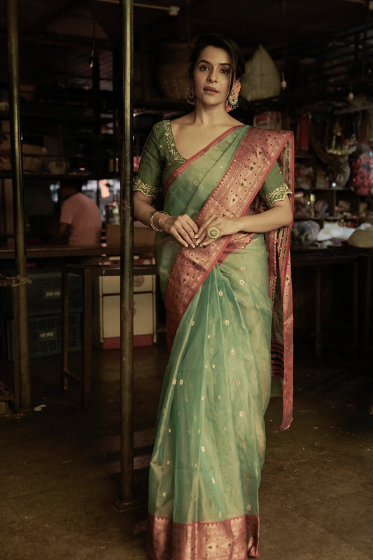 Green Handloom Katan Silk Chanderi Saree With Red Border & Paan Motifs