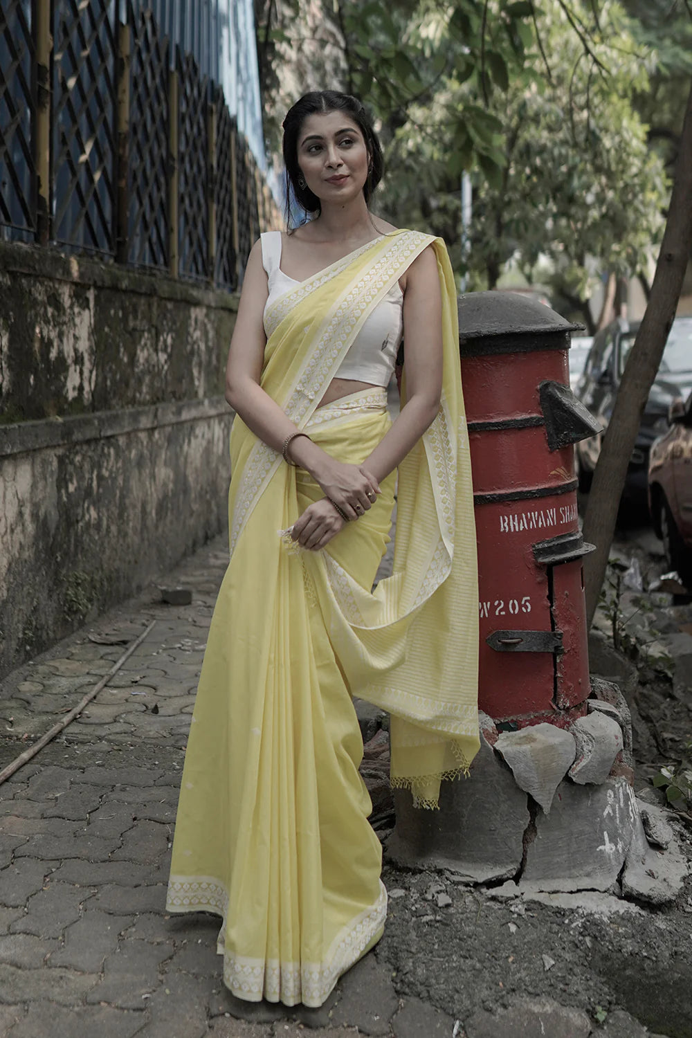 Handloom Lemon Yellow Pure Cotton Saree With White Border