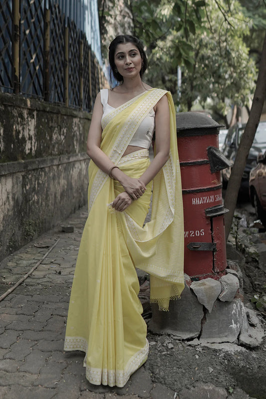 Handloom Lemon Yellow Pure Cotton Saree With White Border