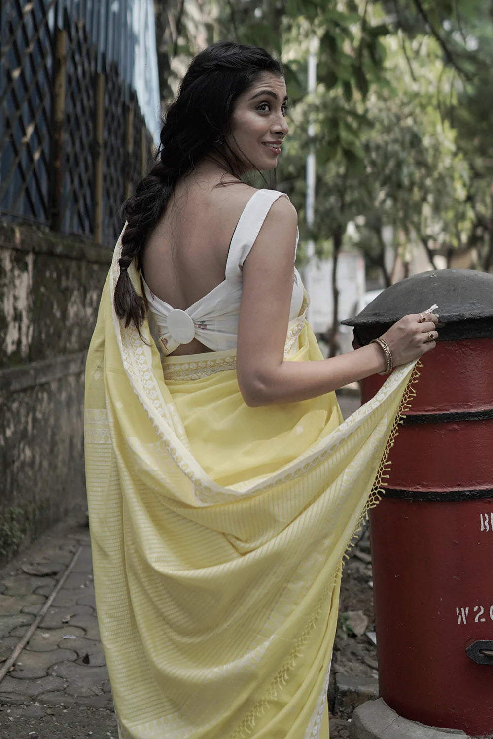 Handloom Lemon Yellow Pure Cotton Saree With White Border