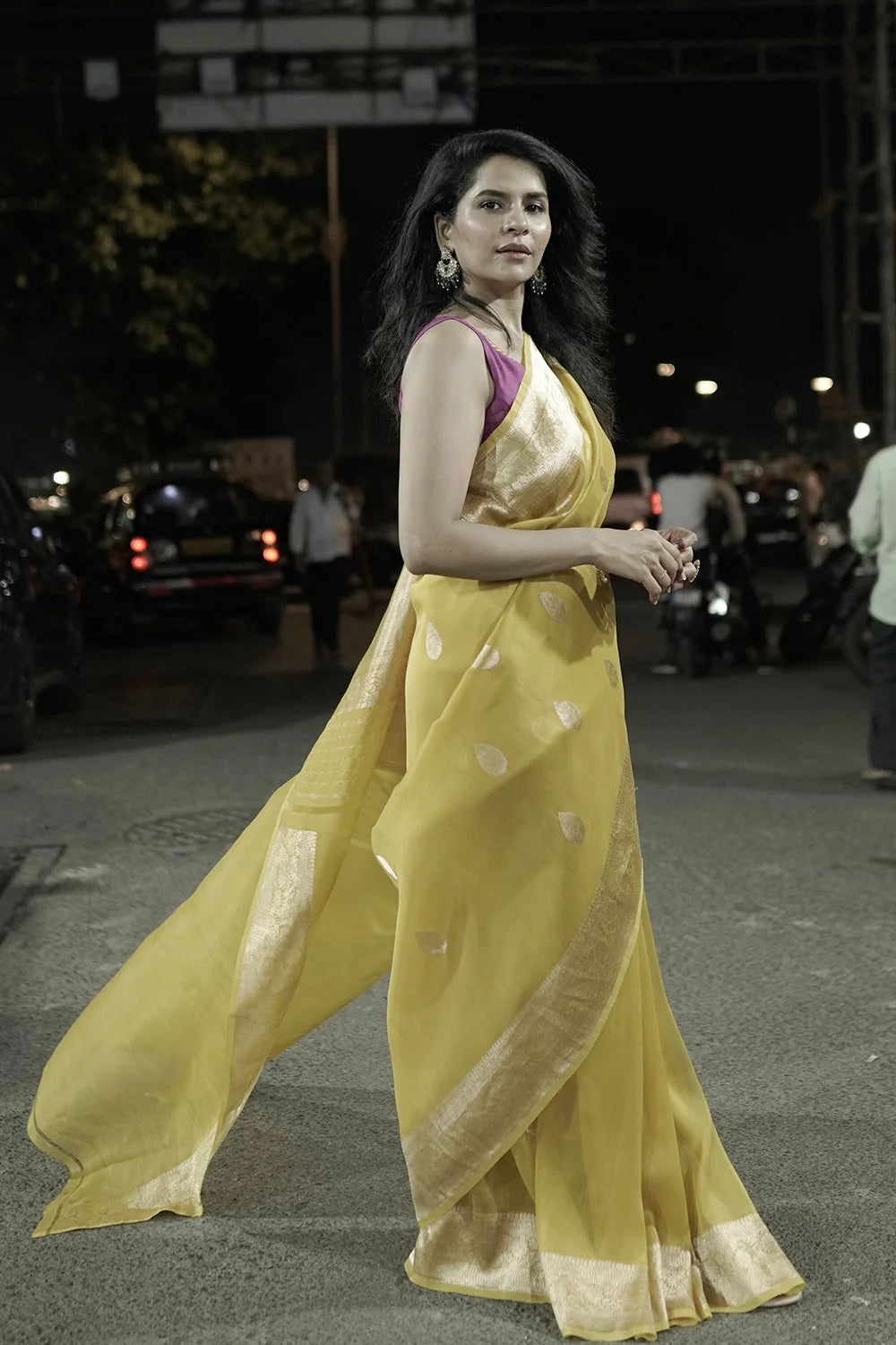 Handloom Yellow Organza Saree With Gold Zari Border