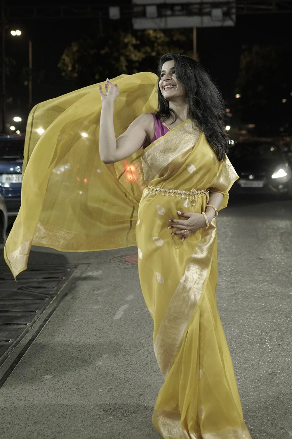 Handloom Yellow Organza Saree With Gold Zari Border