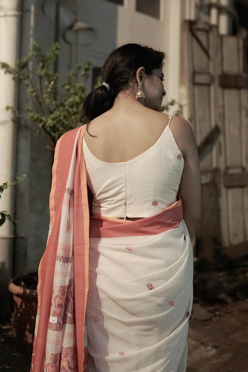 Handloom Cream Pure Cotton Baluchuri Saree With Red & Orange Border