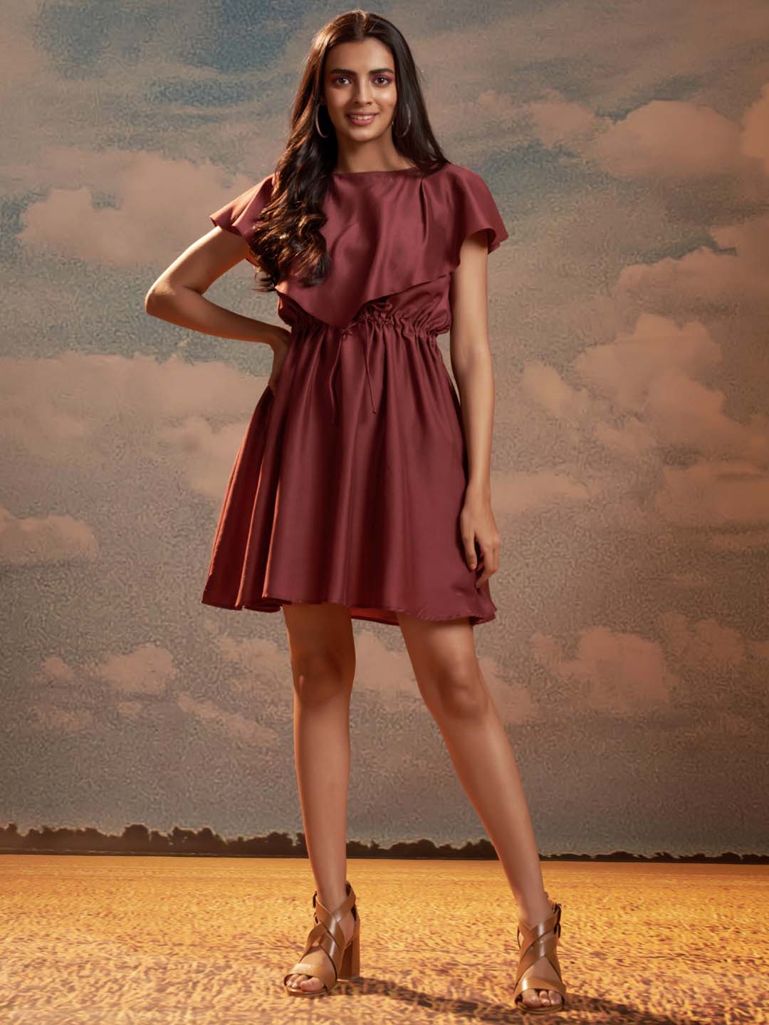 Maroon Solid Silk Blend Flared Mini Dress