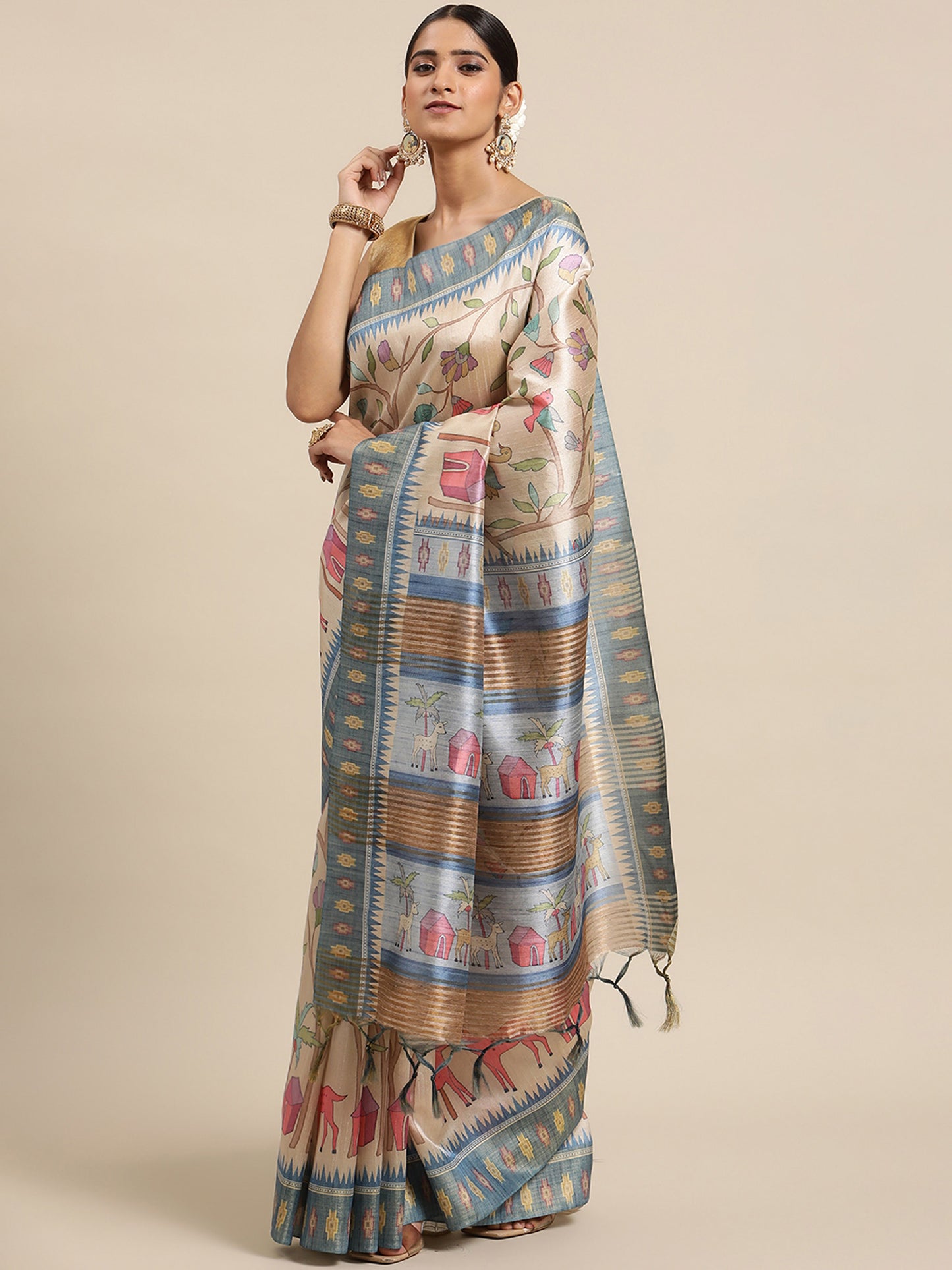 Blue Soft Tussar Silk Printed Kalamkari saree