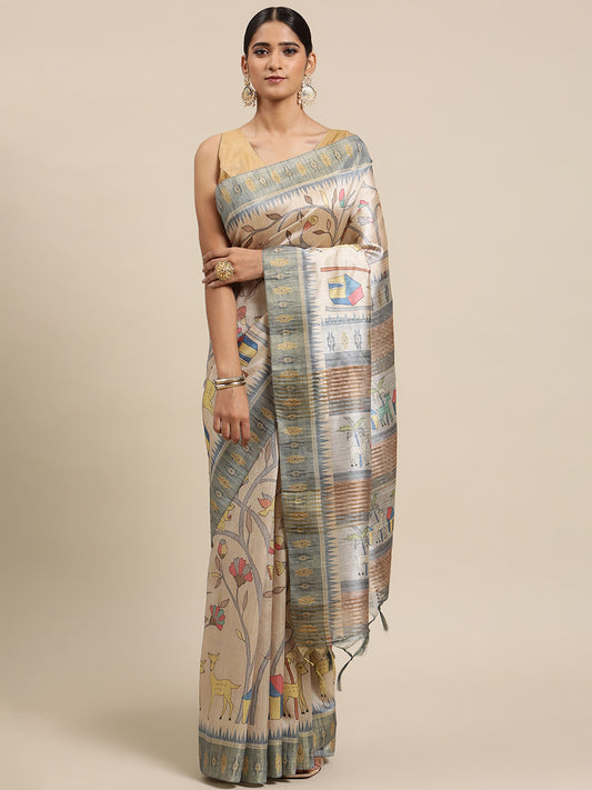 Grey Soft Tussar Silk Printed Kalamkari saree