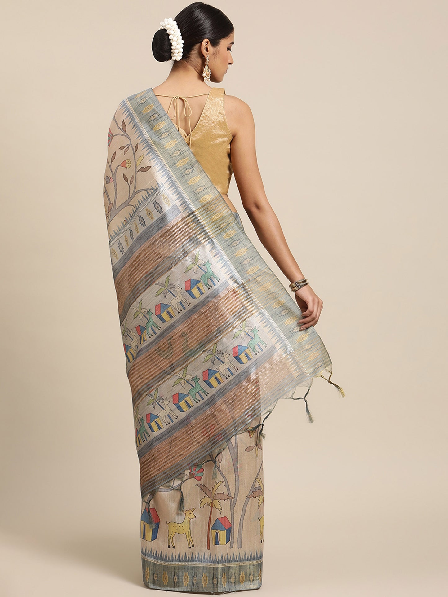 Grey Soft Tussar Silk Printed Kalamkari saree