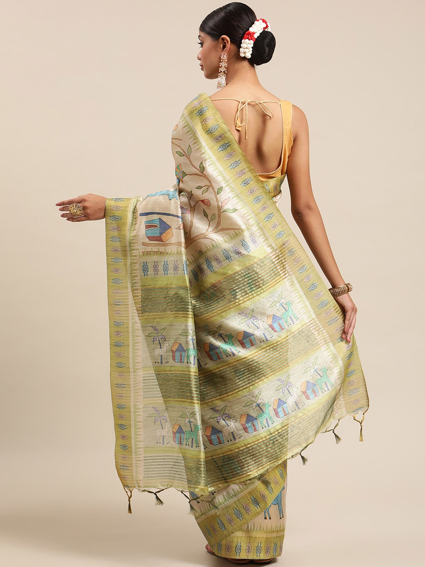 Olive Green Soft Tussar Silk Printed Kalamkari saree