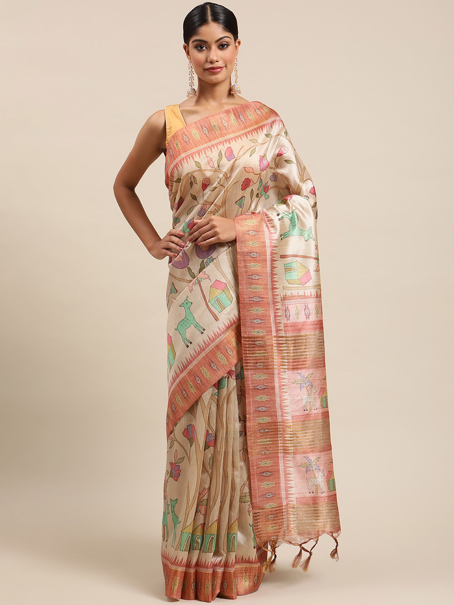 Peach Soft Tussar Silk Printed Kalamkari saree