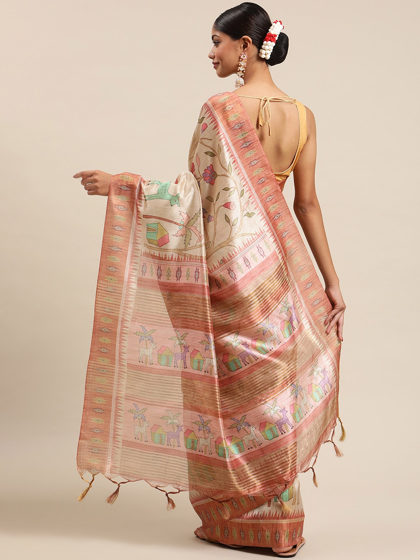 Peach Soft Tussar Silk Printed Kalamkari saree