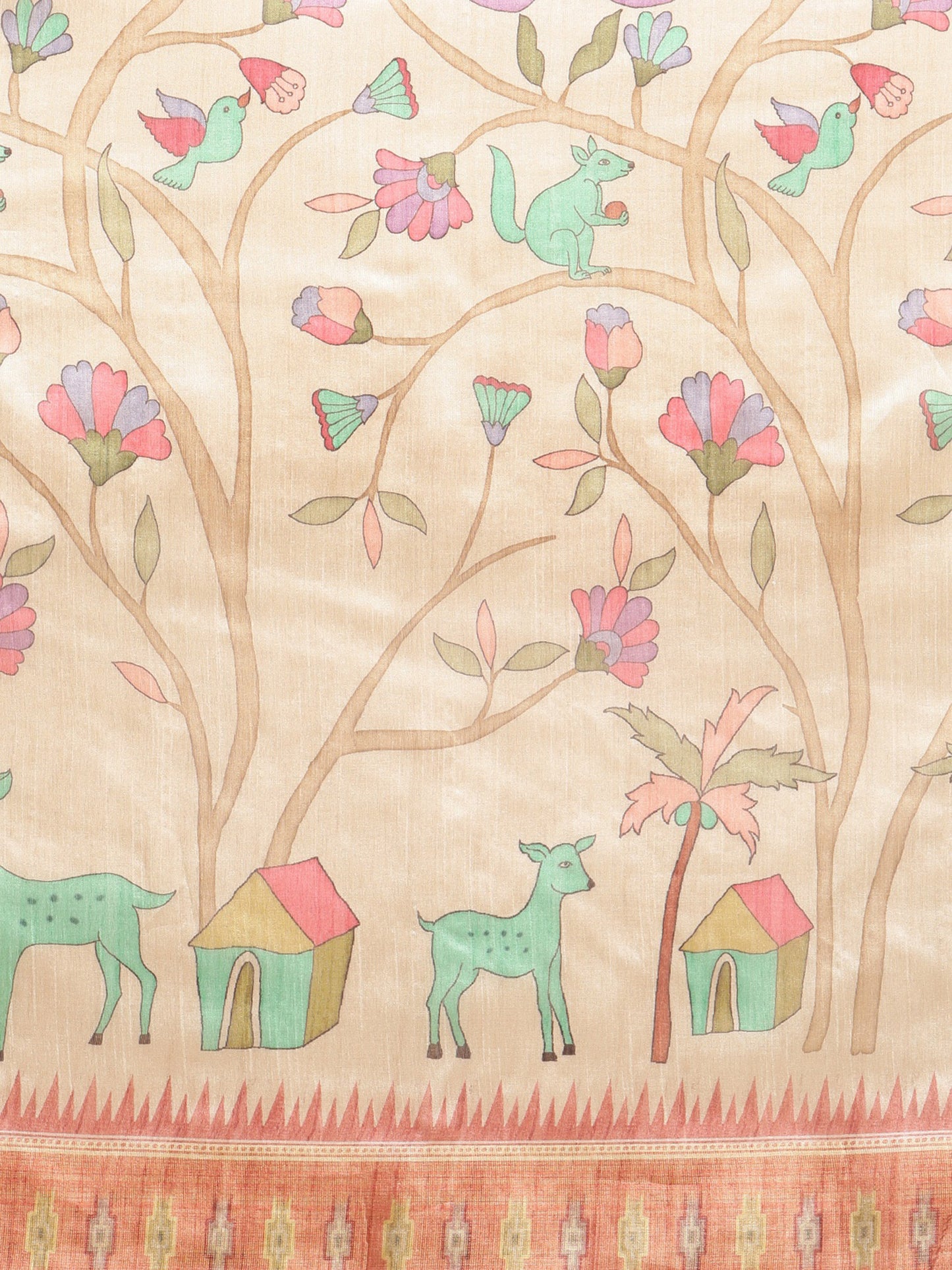 Peach Soft Tussar Silk Printed Kalamkari saree