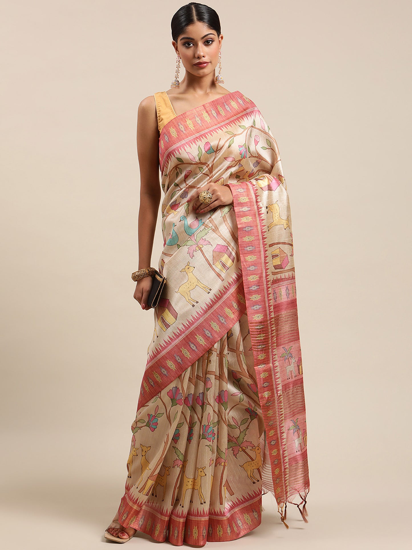 Rani Pink Soft Tussar Silk Printed Kalamkari saree